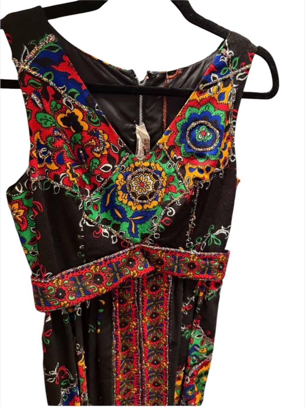 Vintage 70’s Black Maxi Dress Multicolor Floral Embroidery & Rainbow Glitter